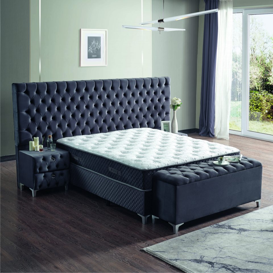 Pat catifea, saltea inclusă și sistem rabatabil pentru depozitare, DELUXE – Model Valura